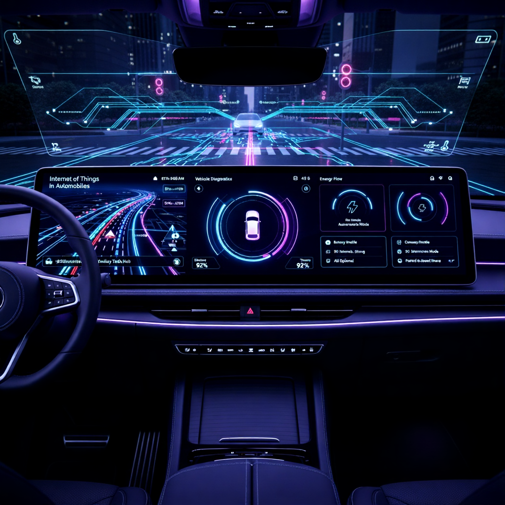 A modern dashboard showing internet of things in automobiles data including navigation and diagnostics, and an external view at the front shield