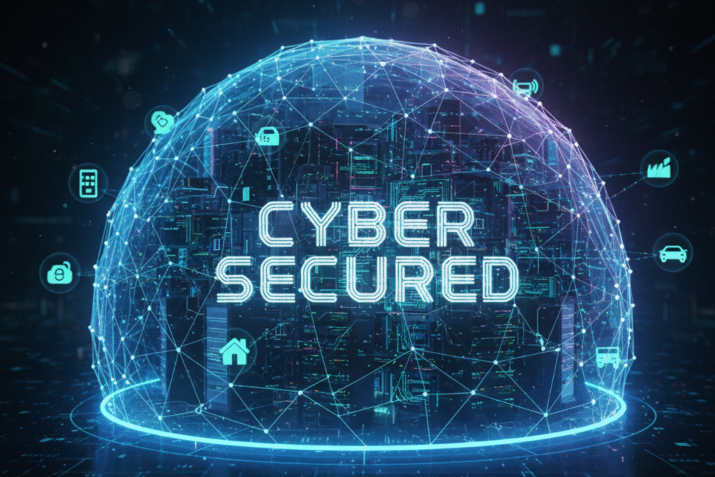 A digital shield protecting a network of internet of things and cyber security devices.