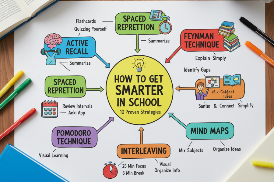 A vibrant mind map illustrating "How to Get Smarter in School" with branches for active recall, spaced repetition, Feynman technique, interleaving, Pomodoro technique, and mind maps, each with descriptive icons and keywords
