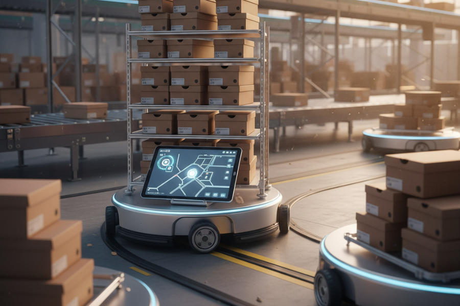 A close-up, over-the-shoulder view of an Autonomous Mobile Robot (AMR) in a bustling warehouse. The silver-wheeled AMR has two wheels locked, mid-sharp turn, and its payload shelf is stacked with shoe boxes. In front of the AMR, a tablet displays a map highlighting its next drop point. In the background, conveyor belts are visible, and the air is hazy with cardboard dust under soft amber lighting.