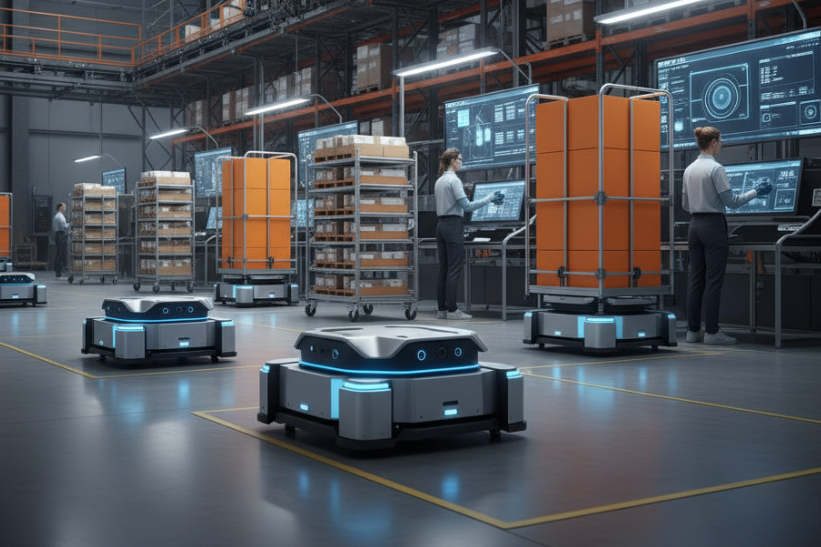 A photorealistic interior view of a modern warehouse showcasing goods-to-person automation. Multiple sleek Goods-to-Person Robots (AMRs), equipped with glowing blue LiDAR sensors, are smoothly transporting tall orange storage pods and shelves towards human operators who are standing at workstations in the background, surrounded by large digital displays. The warehouse features multi-tiered shelving units stacked with various goods.