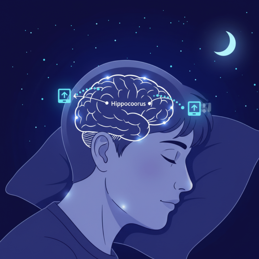 This scientific diagram illustrates "How to Get Smarter in School" by depicting memory consolidation during sleep. It shows a semi-transparent sleeping student's head with glowing memories transferring from the hippocampus to the cortex, set against a serene, starry night sky with a moon.