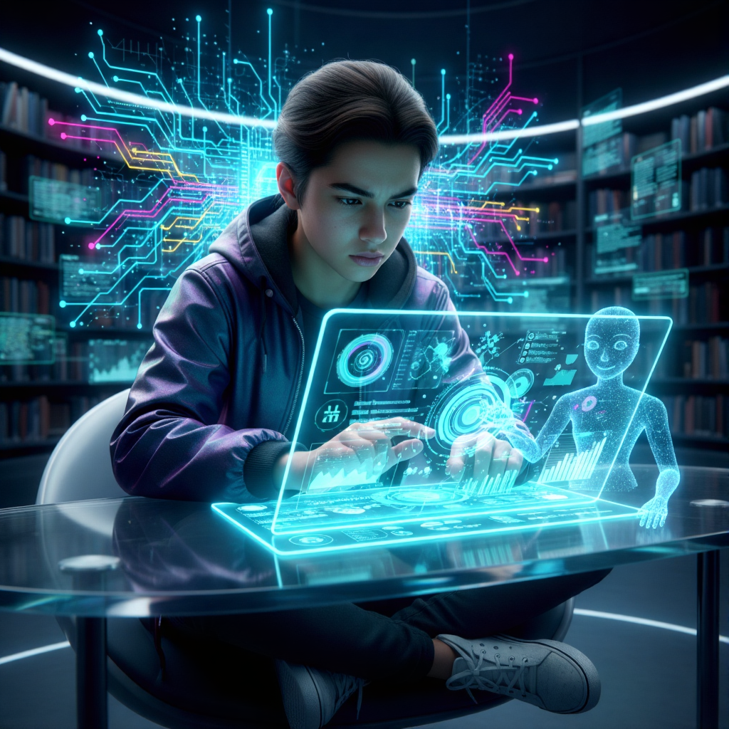 A student interacting with an AI-powered adaptive learning platform on a glowing tablet, demonstrating how to get smarter in school through personalized education.