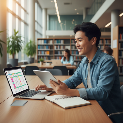 A confident student skillfully managing multiple academic tasks with digital tools and organized notes, demonstrating effective time management for students.