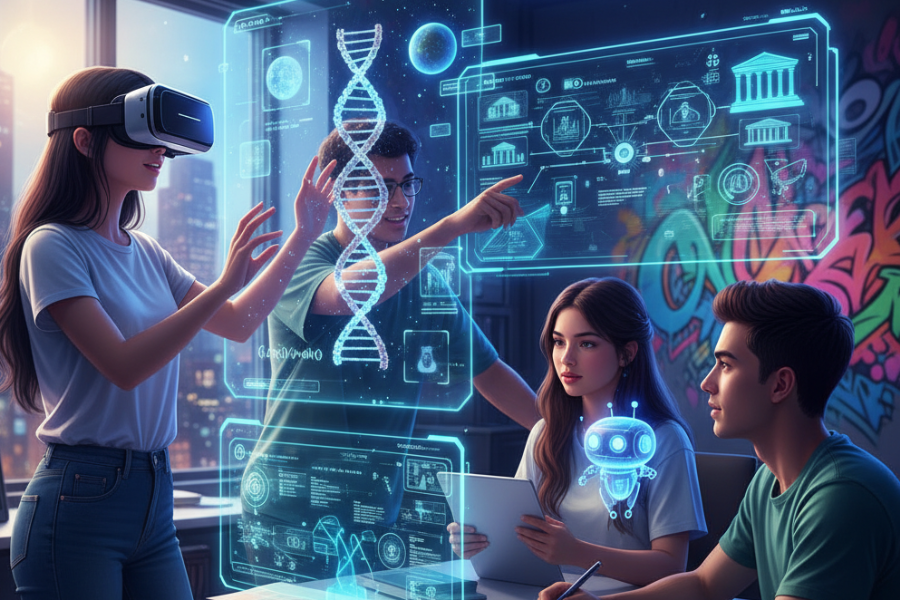 Students engaging with futuristic learning technology, including one wearing a VR headset, others interacting with holographic displays of DNA and data, and an AI robot helper on the table, showcasing how to get smarter in school with technology and AI.)