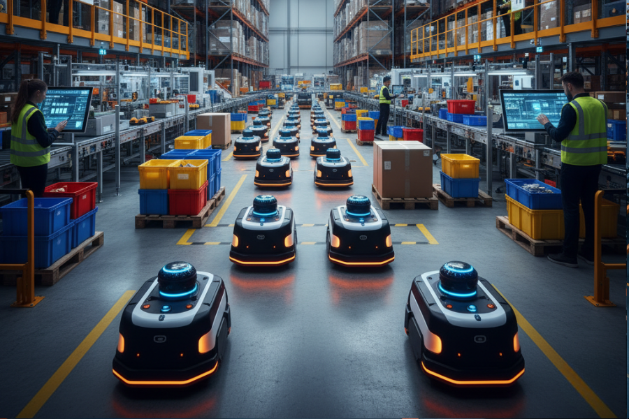 Intralogistics robots powered by Autonomous Mobile Robots (AMRs) optimizing internal warehouse material flow and logistics efficiency