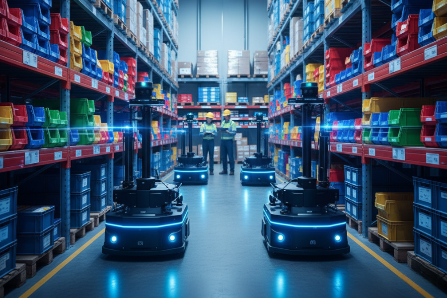 Inventory handling robots using Autonomous Mobile Robots (AMRs) to scan and track warehouse stock in real time