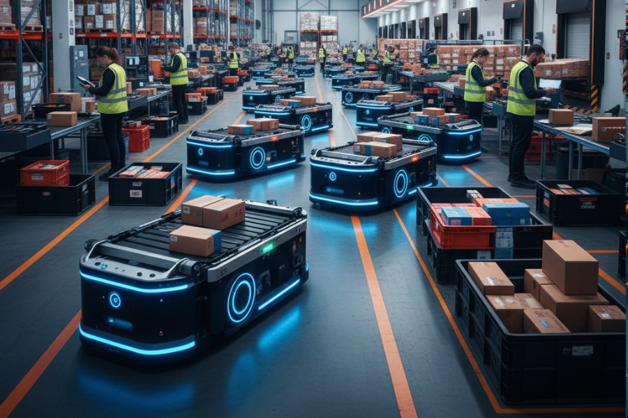 Last-mile warehouse automation featuring Autonomous Mobile Robots (AMRs) sorting and staging parcels for fast, accurate dispatch in e-commerce fulfillment