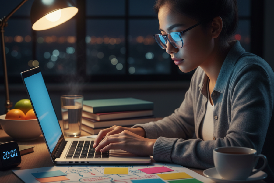A focused student in glasses studying late at night at a tidy desk, with a laptop, books, and a mind map, illustrating smart learning strategies and a dedicated study environment