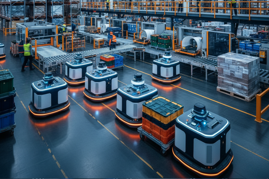 Material handling automation with Autonomous Mobile Robots (AMRs) transporting pallets and totes in a modern warehouse for efficient operations