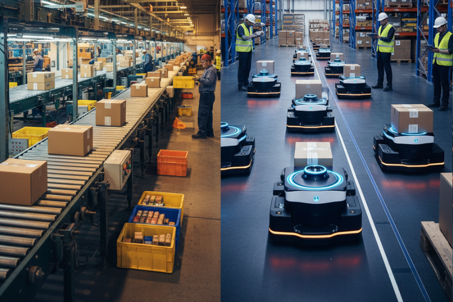 Mobile robots vs conveyor systems in warehouse management: comparison of AMR autonomous robots and traditional fixed conveyor automation for material handling