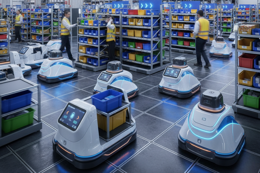 Order picking robots powered by Autonomous Mobile Robots (AMRs) collaborating with warehouse workers for fast and accurate order fulfillment