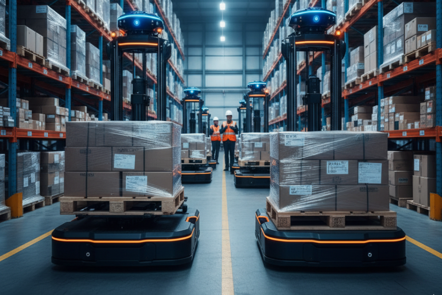 A wide-angle, cinematic, photorealistic industrial warehouse scene captured in 8k resolution, showcasing heavy-duty Pallet Transport Robots (AMRs). Multiple sleek, modern AMRs with raised forks or lifting platforms are smoothly navigating between high pallet racking aisles. Each robot carries large wooden Euro/GMA pallets loaded with stacked cardboard boxes and shrink-wrapped goods. Blue LiDAR sensors glow on top of the robots, and safety lights flash orange. In the background, workers in high-visibility vests and helmets monitor operations. The bright, clean, high-ceiling warehouse is lit with dramatic volumetric lighting, and features a blue and industrial orange color grading, conveying a sense of power and precision in this futuristic yet realistic logistics automation.