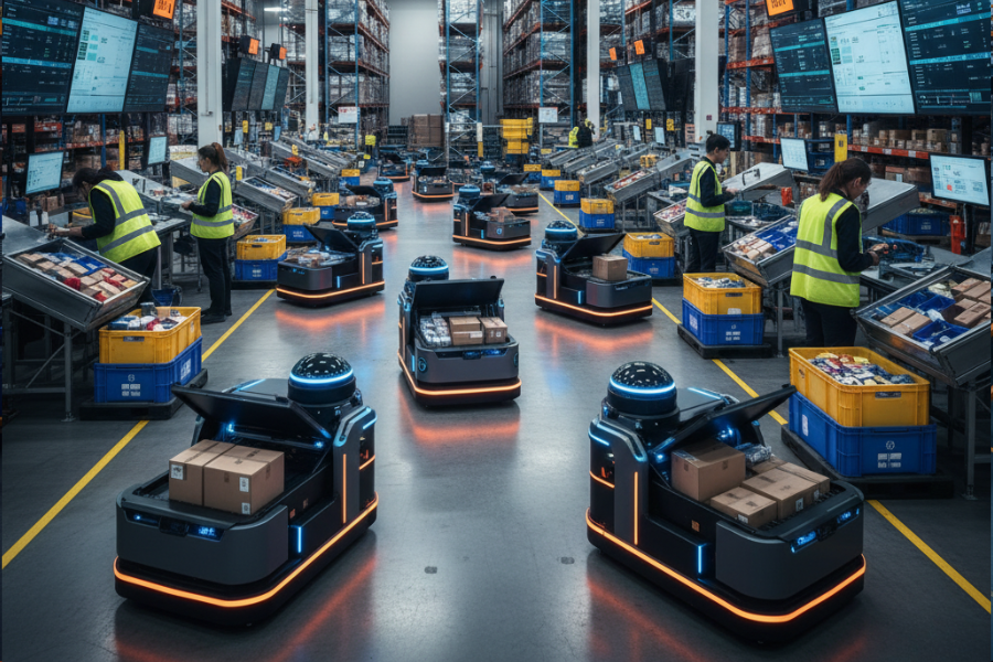 Warehouse picking and sorting robots powered by Autonomous Mobile Robots (AMRs) automating high-speed parcel sorting and order fulfillment