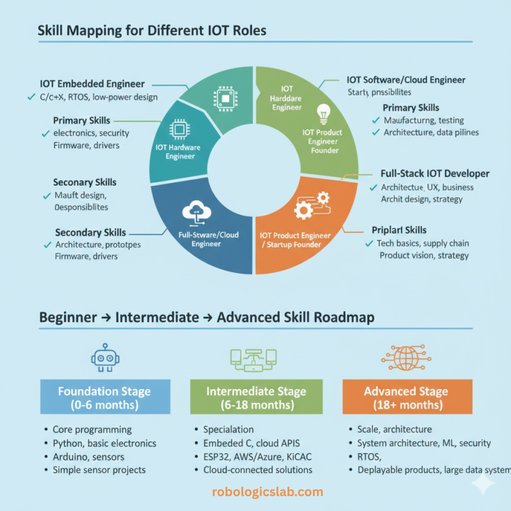 The Internet of Things (IoT) landscape is vast and rapidly evolving, requiring a diverse set of skills to bring innovative products to life. Understanding the key roles and their respective skill sets, along with a clear development roadmap, is crucial for anyone looking to build a career in this exciting field.
At the core of IoT development are specialized engineering roles. An IoT Embedded Engineer focuses on the "brain" of the device, mastering C/C++, RTOS, microcontroller architectures, and low-power design to create efficient firmware and drivers. The IoT Hardware Engineer is responsible for the physical device, excelling in PCB design, sensor integration, RF engineering, and power electronics, ensuring the device is robust and manufacturable. For the cloud infrastructure, the IoT Software/Cloud Engineer is indispensable, with expertise in cloud platforms like AWS IoT or Azure IoT, database design, and scalable microservices for data handling. A Full-Stack IoT Developer bridges these gaps, possessing skills across embedded programming, cloud services, and web/mobile development to implement end-to-end features. Finally, the IoT Product Engineer / Startup Founder provides the vision, combining technical understanding with project management, user experience, and business strategy to guide product development.
For aspiring IoT professionals, a structured skill roadmap can accelerate learning. The Foundation Stage (0-6 months) introduces core programming (Python), basic electronics (simple circuits, sensors), and tools like Arduino and Raspberry Pi through projects like basic automation. Moving to the Intermediate Stage (6-18 months), the focus shifts to specialization, with skills in embedded C, wireless protocols (MQTT), cloud APIs (AWS/Azure), and basic PCB design (KiCad), culminating in complete cloud-connected IoT solutions. The Advanced Stage (18+ months) targets scale and optimization, encompassing system architecture, advanced security, machine learning integration, and production design using RTOS and cellular IoT, preparing individuals to deploy large-scale, robust IoT products.