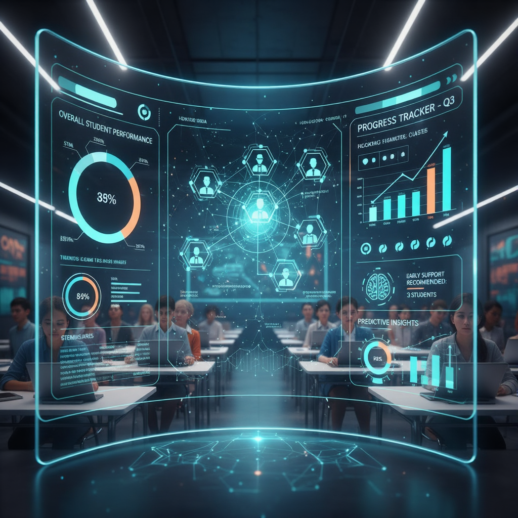 An AI-powered smart school dashboard with holographic displays showing student analytics. In the foreground, a large, glowing transparent screen presents various data points: "OVERALL STUDENT PERFORMANCE" with a 35% and 59% metric, a "PROGRESS TRACKER
