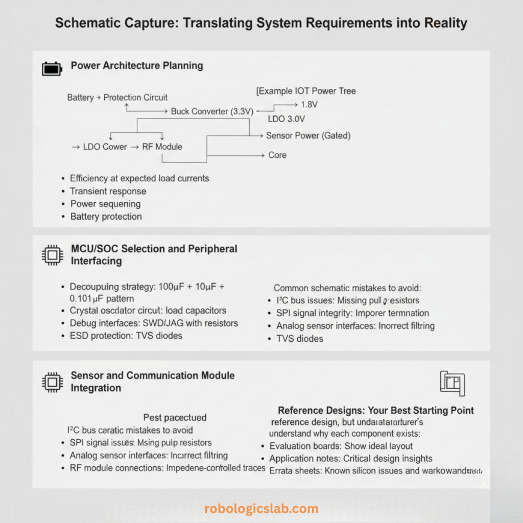 An infographic titled "Schematic Capture: Translating System Requirements into Reality," covering four key areas of PCB design.
Power Architecture Planning: (Battery icon) Shows an example IoT Power Tree (Battery → Protection → Buck Converter → LDOs/Core/RF/Sensor Power) and lists key considerations like efficiency, transient response, and battery protection.
MCU/SoC Selection and Peripheral Interfacing: (Microchip icon) Details decoupling, crystal circuits, debug interfaces, unused pin handling, and ESD protection, plus common mistakes to avoid (I²C, SPI, analog, TVS diodes).
Sensor and Communication Module Integration: (Circuit board icon) Highlights common schematic mistakes to avoid for I²C, SPI, analog sensors, and RF modules.
Reference Designs: Your Best Starting Point: (Reference icon) Emphasizes using manufacturer reference designs, evaluation boards, application notes, and errata sheets, with a note on understanding each component.