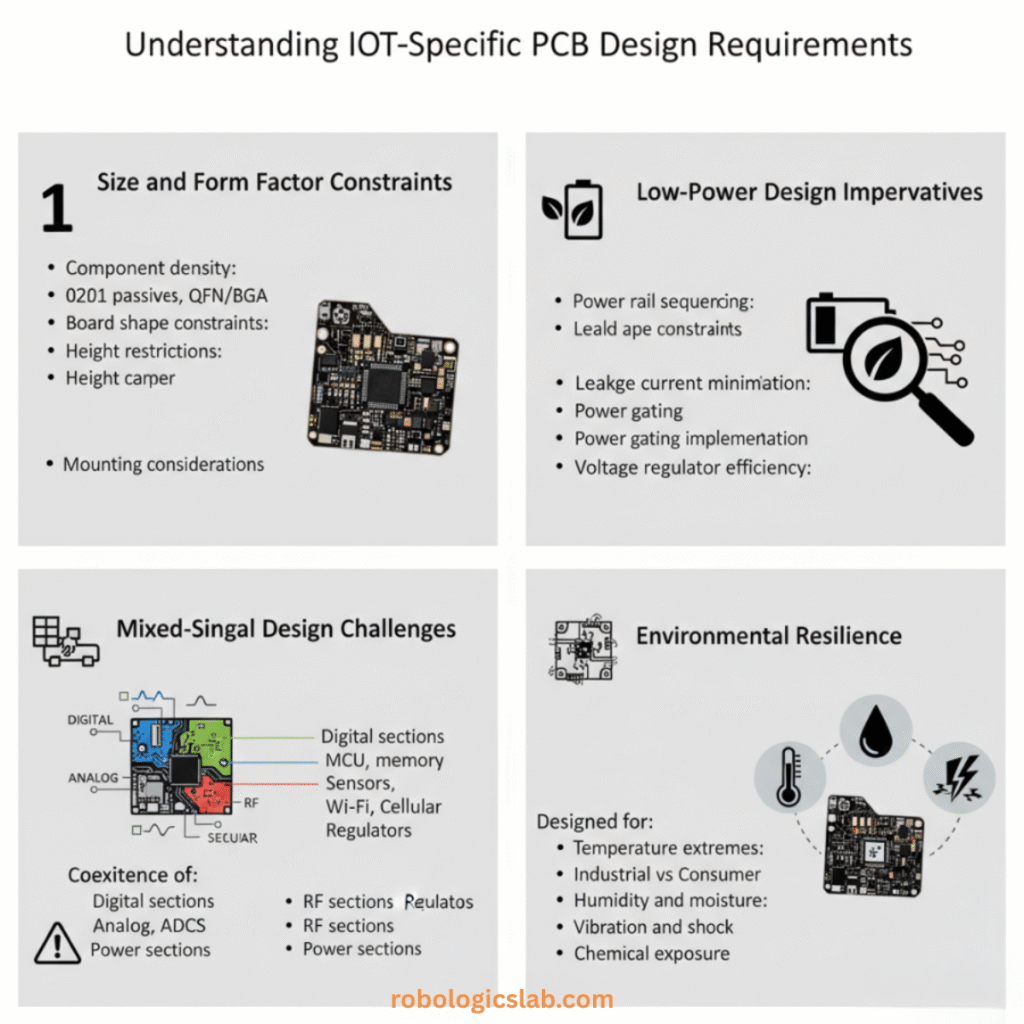 An infographic titled "Understanding IoT-Specific PCB Design Requirements," divided into four main sections, each addressing a critical aspect of PCB design for IoT devices.
1. Size and Form Factor Constraints:
This section details the physical limitations for IoT PCBs. It includes a bulleted list:
Component density: 0201 passives, QFN/BGA.
Board shape constraints: Irregular shapes.
Height restrictions: Component Z-heights.
Mounting considerations: Board-to-enclosure.
An image of a compact, complex PCB with numerous small components illustrates these constraints.
2. Low-Power Design Imperatives:
This section, represented by a leaf icon, focuses on power efficiency. It includes a bulleted list:
Power rail sequencing.
Leakage current minimization: High-impedance.
Power gating implementation.
Voltage regulator efficiency.
An icon showing a magnifying glass over a circuit board highlights the detailed attention required for low-power design.
3. Mixed-Signal Design Challenges:
This section, introduced by a grid icon, addresses the integration of different signal types. It includes:
A schematic-like diagram showing interconnected "DIGITAL," "ANALOG," and "RF" blocks.
Text: "Digital sections: MCU, memory, sensors, Wi-Fi, cellular, regulators."
A "Coexistence of:" list with an exclamation mark icon, detailing: Digital sections, Analog/ADCs, Power sections.
A parallel list for RF sections and Power sections.
4. Environmental Resilience:
This section, featuring a gear-like circuit board icon, covers how PCBs must withstand various operating conditions. It includes:
Icons for temperature (thermometer), humidity (water droplet), and electrical discharge (lightning bolt).
A bulleted list for "Designed for":
Temperature extremes: Industrial vs Consumer.
Humidity and moisture: Conformal coating.
Vibration and shock: Component securing.
Chemical exposure: Industrial/automotive.