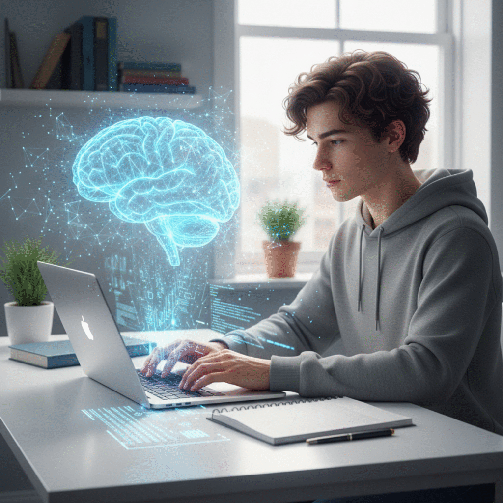 A high-quality 3D digital illustration showing a focused student at a modern desk, using a laptop. A glowing, holographic AI brain and data networks emerge from the screen, symbolizing advanced learning. The background is a bright, minimalist study space with textbooks, creating an inspiring, modern, and tech-oriented atmosphere.