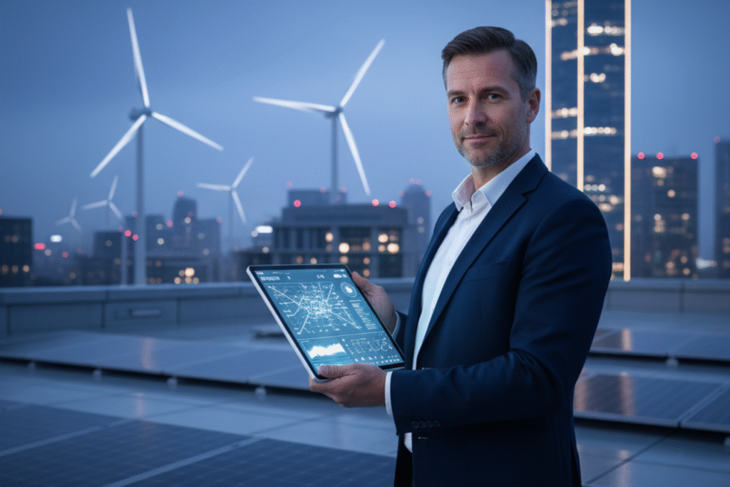 Modern solar panels and wind turbines integrated into an internet of things and energy management system.