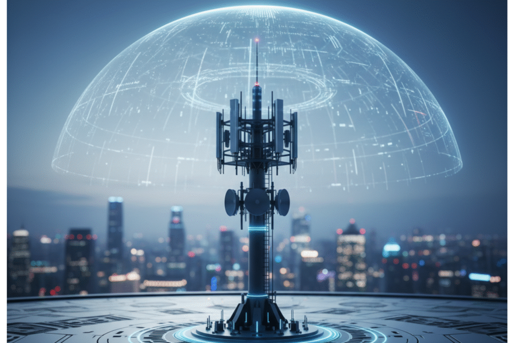 Realistic telecommunications tower emitting data signals for an internet of things telecommunications network.