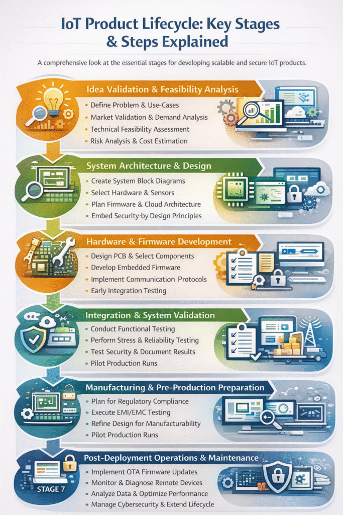 Infographic illustrating the seven stages of the IoT product lifecycle, from idea validation and system architecture to hardware development, integration, manufacturing, deployment, and post-deployment maintenance, with key activities highlighted for each stage.