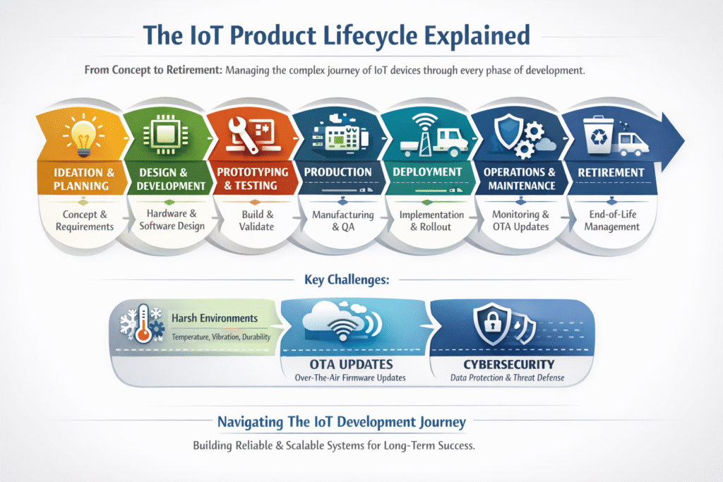 Infographic titled “The IoT Product Lifecycle Explained” showing seven stages—from Ideation and Design to Deployment, Operations, and Retirement—along with key challenges like harsh environments, OTA updates, and cybersecurity, presented in a colorful step-by-step flow.