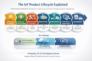 Infographic titled “The IoT Product Lifecycle Explained” showing seven stages—from Ideation and Design to Deployment, Operations, and Retirement—along with key challenges like harsh environments, OTA updates, and cybersecurity, presented in a colorful step-by-step flow.