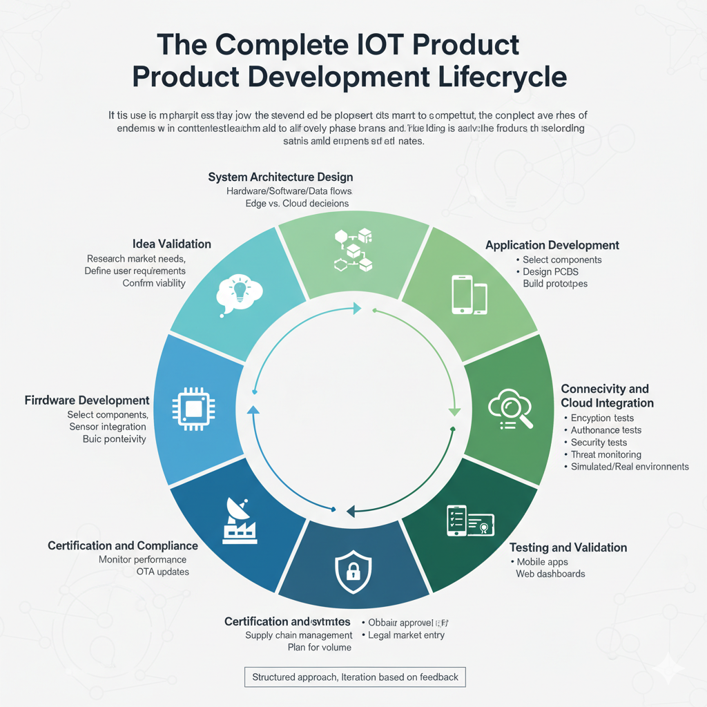 An infographic titled "The Complete IoT Product Development Lifecycle."
The infographic features a circular flow diagram with 11 distinct phases, each represented by a segment of the circle with an icon and text description. An arrow in the center indicates the cyclical nature of the process.
