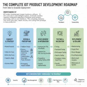 An infographic titled "The Complete IoT Product Development Roadmap: From Idea to Scalable Deployment." The top section provides an "Understanding IoT" overview, describing it as the convergence of hardware, software, and connectivity, requiring integration of physical sensors, wireless communications, cloud processing, and user interfaces.