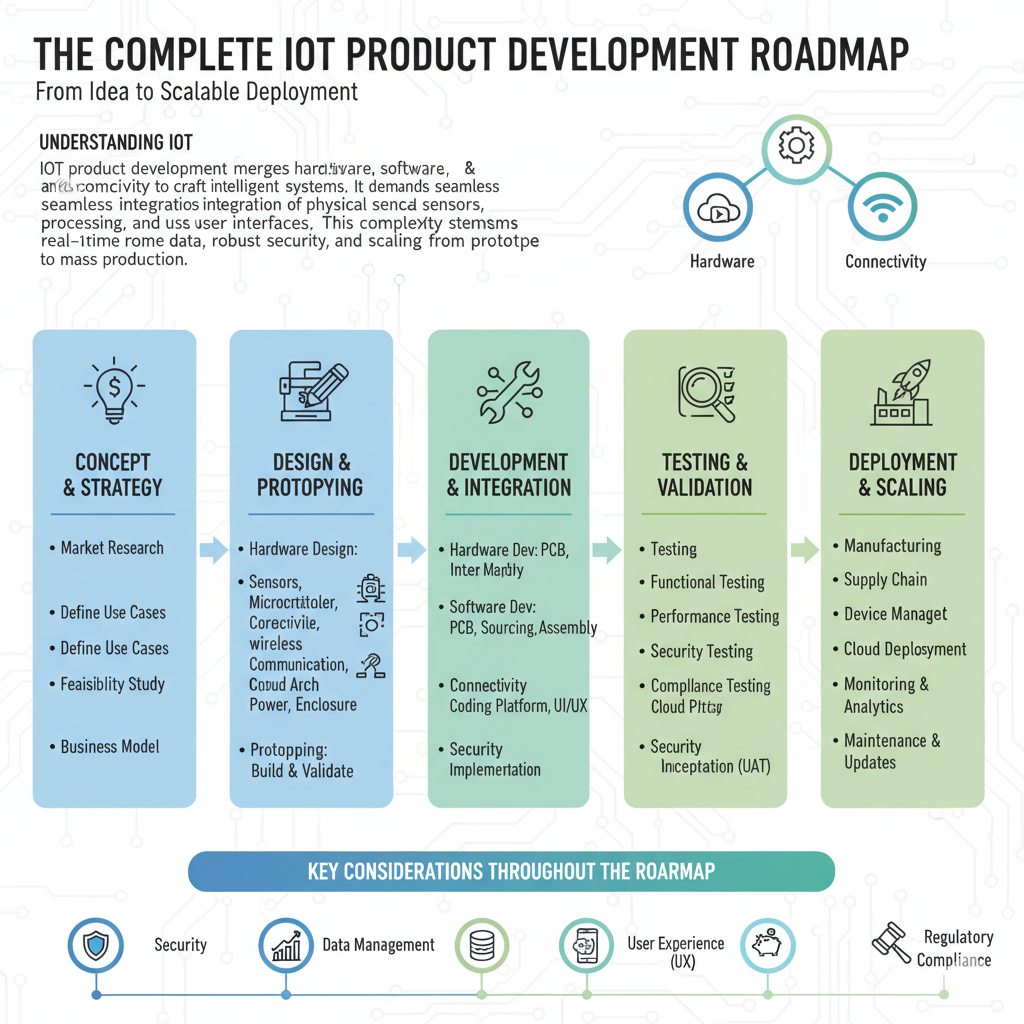 An infographic titled "The Complete IoT Product Development Roadmap: From Idea to Scalable Deployment." The top section provides an "Understanding IoT" overview, describing it as the convergence of hardware, software, and connectivity, requiring integration of physical sensors, wireless communications, cloud processing, and user interfaces.