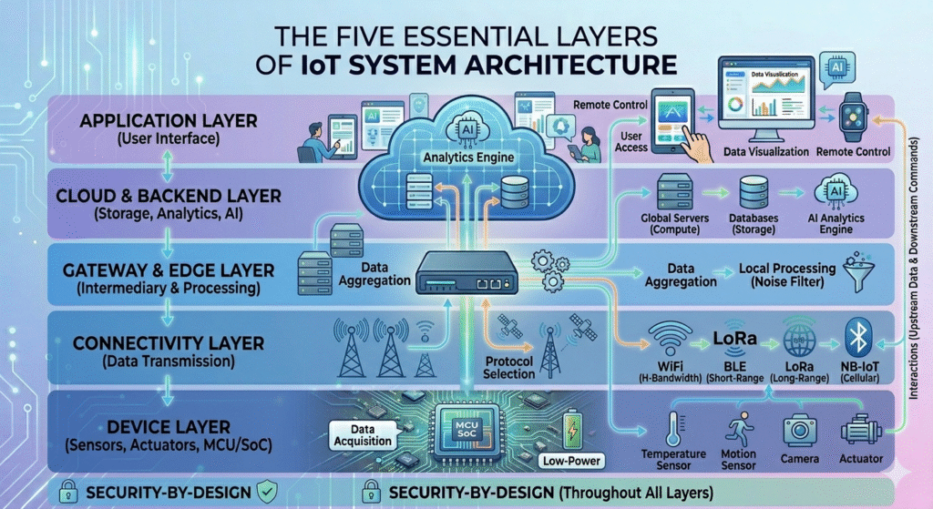 An infographic titled "The Five Essential Layers of IoT System Architecture," set against a gradient blue and purple background with glowing circuit lines. It is organized into five horizontally stacked layers, each with sub-descriptions and illustrative icons:

Application Layer (User Interface): Includes icons for a tablet, a hand pressing a screen, a monitor with data charts, and a smartwatch. Text points to features like "Remote Control," "User Access," "Data Visualization," and an "AI Analytics Engine." Bi-directional arrows link this layer through all intermediate layers.

Cloud & Backend Layer (Storage, Analytics, AI): Features a central cloud icon containing a gear and arrows, surrounded by diagrams of a server rack with "Global Servers (Compute)," a cylinder representing "Databases (Storage)," and a second "AI Analytics Engine."

Gateway & Edge Layer (Intermediary & Processing): Shows arrows and gear icons indicating "Data Aggregation" leading to stylized gateway devices. Further arrows point to a filter icon, labeled "Local Processing (Noise Filter)," and separate devices representing "Data Aggregation."

Connectivity Layer (Data Transmission): Features diagrams of radio towers, communication satellites, and icons for "Protocol Selection." Specific protocol icons and text indicate "WiFi (H-Bandwidth)," "BLE (Short-Range)," "LoRa (Long-Range)," and "NB-IoT (Cellular)." Arrows with data streams connect this layer to the layers above.

Device Layer (Sensors, Actuators, MCU/SoC): The foundational layer, featuring a central processor chip labeled "MCU SoC," connected to diagrams showing "Data Acquisition" (arrows) and a battery icon with "Low-Power." Specific device icons represent "Temperature Sensor," "Motion Sensor," "Camera," and "Actuator."

Flowing lines and arrows show continuous data movement and interaction through the stack. A vertical column on the right side indicates "Security," "Scalability," "Reliability," and "Future-Proofing" as constant requirements across all levels. A persistent horizontal banner across the bottom reads "SECURITY-BY-DESIGN" with small padlock and shield icons.