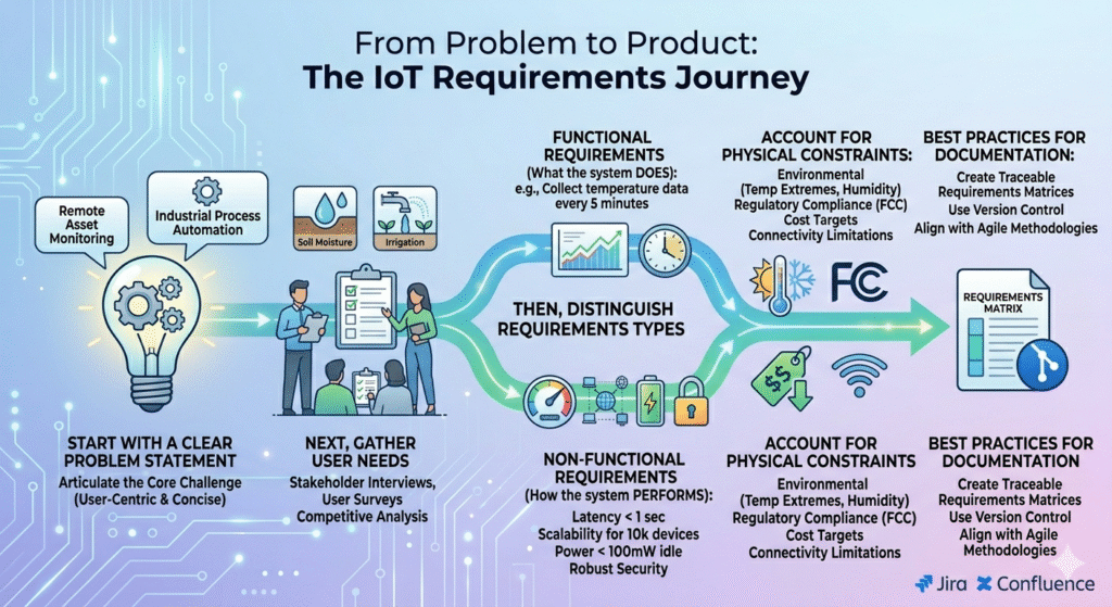 An infographic titled "From Problem to Product: The IoT Requirements Journey" visualizing a step-by-step process with clean, flat design, glowing circuit lines, and a light blue to white gradient background. The infographic is divided into six stages connected by a central horizontal arrow.

START WITH A CLEAR PROBLEM STATEMENT: A lightbulb with internal gears has speech bubbles for "Remote Asset Monitoring" and "Industrial Process Automation." Below it, text reads: "Articulate the Core Challenge (User-Centric & Concise)."

NEXT, GATHER USER NEEDS: A group of four people are reviewing data on a tablet and checklists. Small icons represent specific examples: "Soil Moisture" and "Irrigation." Below it, text reads: "Stakeholder Interviews, User Surveys, Competitive Analysis."

THEN, DISTINGUISH REQUIREMENTS TYPES: The central flow splits into two branching paths with bold headers.

TOP PATH: "FUNCTIONAL REQUIREMENTS (What the system DOES)" - Icons of a graph, a tablet dashboard, and a clock. Text examples: "e.g., Collect temperature data every 5 minutes."

BOTTOM PATH: "NON-FUNCTIONAL REQUIREMENTS (How the system PERFORMS)" - Icons of a gauge with a hand, interconnected data points, a battery, and a padlock. Text examples: "Latency < 1 sec," "Scalability for 10k devices," "Power < 100mW idle," "Robust Security."

ACCOUNT FOR PHYSICAL CONSTRAINTS: A cluster of icons representing limitations: Sun/snowflake and thermometer (Environmental extremes), humidity, "FC" and antenna (Regulatory Compliance), a "SS" price tag with a down arrow (Cost Targets), and a WiFi symbol (Connectivity Limitations). Text lists: "Environmental (Temp Extremes, Humidity), Regulatory Compliance (FCC), Cost Targets, Connectivity Limitations."

BEST PRACTICES FOR DOCUMENTATION: A final document titled "REQUIREMENTS MATRIX" with a checklist and a source control symbol (resembling Git). Text lists: "Create Traceable Requirements Matrices, Use Version Control, Align with Agile Methodologies."

LOGOS: In the bottom right corner, the logos for "Jira" and "Confluence" are displayed.