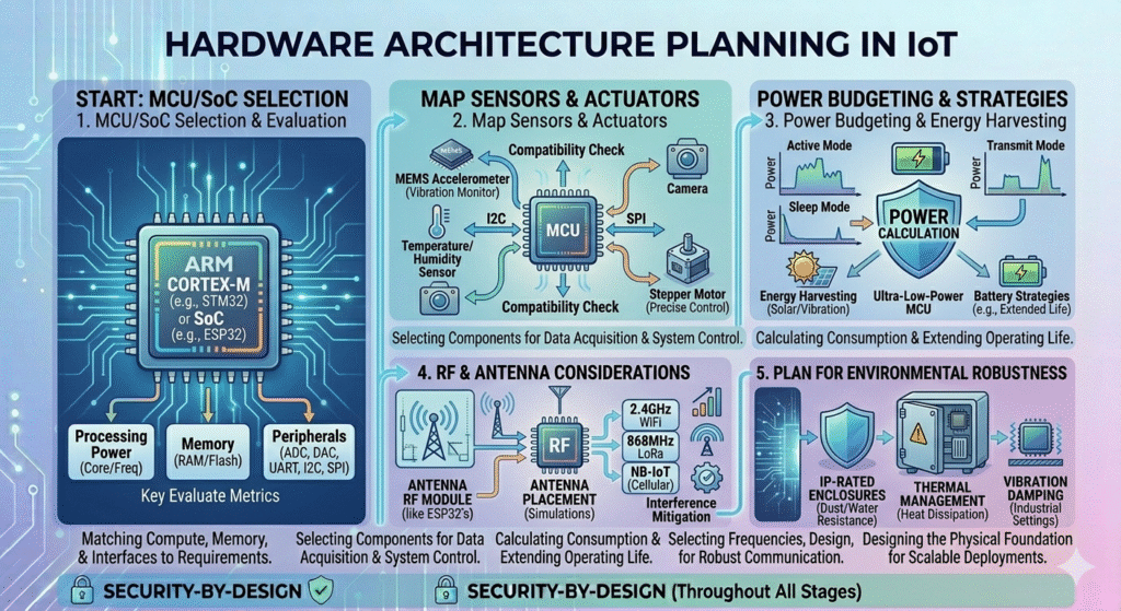 An infographic titled "Hardware Architecture Planning in IoT," organizing the design process into five logically connected horizontal panels against a gradient blue and purple background with glowing circuit lines. A constant horizontal bar across the bottom features small shield and lock icons and the text: "SECURITY-BY-DESIGN (Throughout All Stages)".

From left to right, the panels detail:

START: MCU/SoC SELECTION (1. MCU/SoC Selection & Evaluation): This prominent panel features a large multi-colored processor chip at the center, labeled 'ARM CORTEX-M (e.g., STM32) or SoC (e.g., ESP32)'. It is surrounded by sub-panels with text pointers for key evaluation metrics: 'Processing Power (Core/Freq)', 'Memory (RAM/Flash)', and 'Peripherals (ADC, DAC, UART, I2C, SPI)'. The background is a deep blue. Text below: 'Matching Compute, Memory, & Interfaces to Requirements.'

MAP SENSORS & ACTUATORS (2. Map Sensors & Actuators): This panel shows a central multi-pin processor chip (MCU) connected by arrows labeled 'I2C', 'SPI', and 'Compatibility Check' to surrounding component diagrams: 'MEMS Accelerometer (Vibration Monitor)', 'Temperature/Humidity Sensor', 'Camera', and a 'Stepper Motor (Precise Control)'. Icons match those in the established style. The background is a teal blue. Text below: 'Selecting Components for Data Acquisition & System Control.'

POWER BUDGETING & STRATEGIES (3. Power Budgeting & Energy Harvesting): This panel focuses on energy management and features a large central 'POWER CALCULATION' shield surrounded by sub-diagrams and graphs. Text pointers illustrate stylized graphs of 'Active Mode', 'Sleep Mode', and 'Transmit Mode' power consumption. Smaller icons show power strategies: 'Energy Harvesting (Solar/Vibration)', 'Ultra-Low-Power MCU', and 'Battery Strategies (e.g., Extended Life)'. Text below: 'Calculating Consumption & Extending Operating Life.'

RF & ANTENNA CONSIDERATIONS (4. RF & Antenna Optimization): This panel features complex antenna diagrams and signal simulation visualizations. A central multi-frequency RF module, resembling the ESP32’s, is surrounded by smaller icons and diagrams for 'ANTENNA RF MODULE (like ESP32’s)' and 'ANTENNA PLACEMENT (Simulations)'. It has a multi-frequency selector and text: '2.4GHz WiFi', '868MHz LoRa', 'NB-IoT (Cellular)', and 'Interference Mitigation'. Text below: 'Selecting Frequencies, Design, & Mitigation for Robust Communication.'

PLAN FOR ENVIRONMENTAL ROBUSTNESS (5. Plan for Environmental Robustness): This final panel features a robust industrial enclosure (like in the previous infographic) protecting internal components. It has illustrative sub-icons and text for 'IP-RATED ENCLOSURES (Dust/Water Resistance)', 'THERMAL MANAGEMENT (Heat Dissipation)', and 'VIBRATION DAMPING (Industrial Settings)'. The background is deep purple. Text below: 'Designing the Physical Foundation for Scalable Deployments.'

Glowing data streams and circuit grid lines visibly unify all five panels, demonstrating a comprehensive hardware design process. The overall aesthetic is detailed and professional.