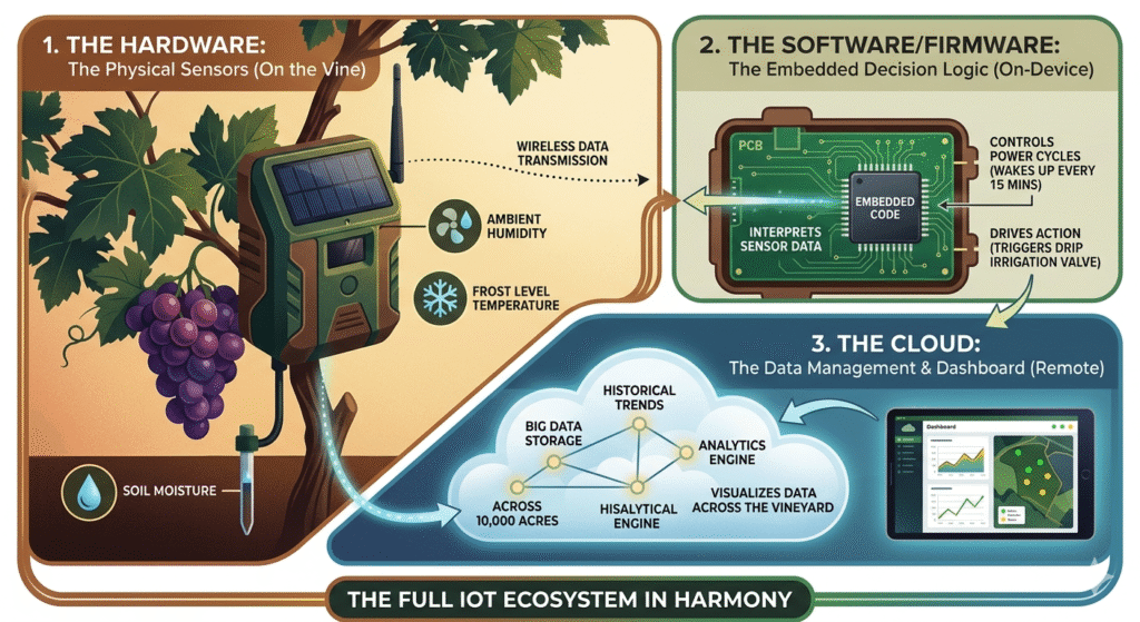 Gemini said
An infographic showing an IoT smart vineyard system divided into three sections: a solar-powered sensor on a grape vine (Hardware), a circuit board with embedded code (Software/Firmware), and a data cloud connected to a tablet dashboard (Cloud).