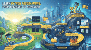 An educational roadmap illustration titled "Learn Python Programming: From Beginner to Advanced," depicting a winding path through a landscape. The journey starts with basic concepts at the bottom left, symbolized by a python wearing a graduation cap, and progresses through topics like Control Structures, Data Structures, and OOP, marked by different visual elements and code snippets. The path winds up to a mountain top where the graduation cap python sits by a large trophy and a "Python Mastery" flag, indicating advanced knowledge and the final section, "The Advanced World". The entire design uses a bright blue, green, and yellow color scheme with a digital, glowing illustrative style.
