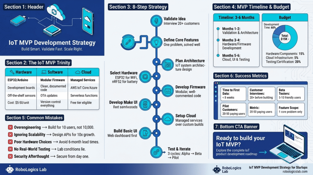 An infographic in a 16:9 horizontal layout titled "IoT MVP Development Strategy: From Idea to Prototype" with a modern blue and cyan tech aesthetic. The image is divided into structured blocks including:
Section 1-2: A hero visual of an IoT device stack and a table breakdown of the "IoT MVP Trinity" (Hardware, Software, Cloud).
Section 3: A central vertical flowchart outlining an 8-step strategy from "Validate Idea" to "Test & Iterate."
Section 4-6: Panels displaying a 3–6 month timeline, a budget pie chart, a "Common Mistakes" checklist with warning icons, and a "Success Metrics" dashboard.
Footer: A "Ready to build?" call-to-action banner with a laptop illustration and the RoboLogics Lab logo and domain.
The background features a subtle circuit board pattern, and the layout is designed for high scannability.