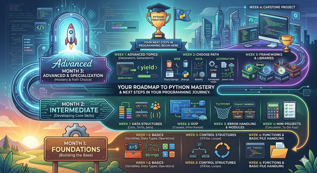 n educational infographic titled "YOUR ROADMAP TO PYTHON MASTERY," outlining a 3-month curriculum. It features a progress path from Month 1 "FOUNDATIONS" at the bottom left (covering basics, control structures, and functions with icons), leading to Month 2 "INTERMEDIATE" (covering data structures, OOP, error handling, and mini projects like a calculator). The path ascends to Month 3 "ADVANCED & SPECIALIZATION" (featuring a rocket ship icon and covering advanced topics, path choices like Web/Data/Automation/IoT, frameworks, and a capstone project), culminating at the top right with a large "PYTHON MASTERY" trophy. The style is a modern digital illustration with a blue and green color scheme, glowing light accents, and icons for each topic.