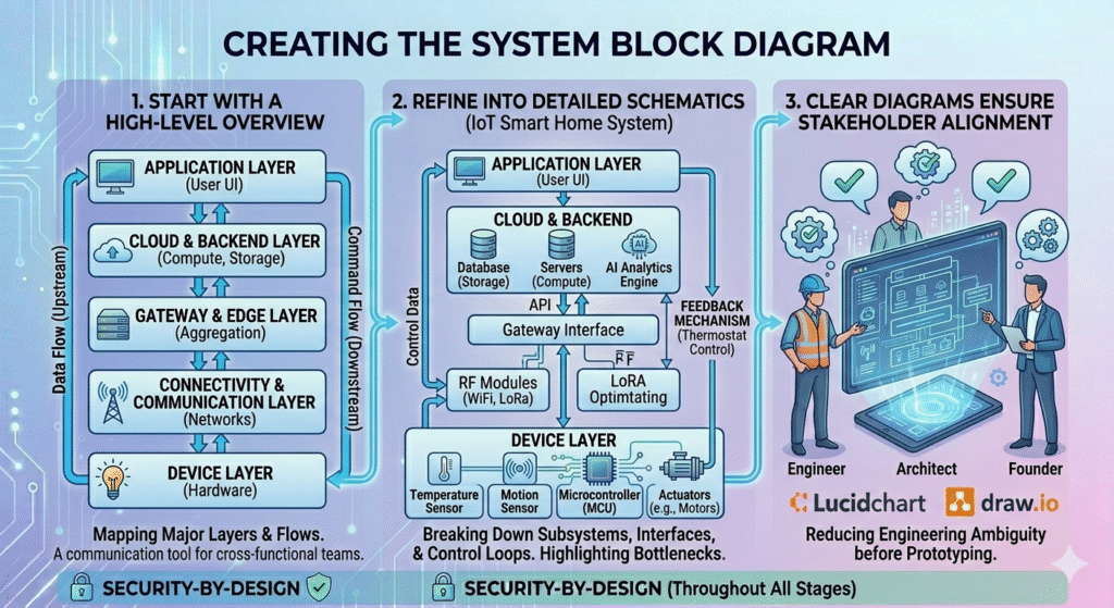 An infographic titled "Creating the System Block Diagram" visualizing a 3-step process to define an IoT system, presented against a blue-to-purple gradient background with a glowing circuit board pattern. The infographic is organized into three connected horizontal sections, clearly marked from left to right. Along the bottom, a horizontal bar features small shield and lock icons and the text: "SECURITY-BY-DESIGN (Throughout All Stages)".

Section 1: 1. Start With a High-Level Overview shows a simplified block diagram with five stacked, labeled rectangular boxes representing major layers: 'Application Layer (User UI)', 'Cloud & Backend Layer (Compute, Storage)', 'Gateway & Edge Layer (Aggregation)', 'Connectivity & Communication Layer (Networks)', and 'Device Layer (Hardware)'. Thick, clear bidirectional blue arrows connect them, labeled 'Data Flow (Upstream)' and 'Command Flow (Downstream)'. Icons like a monitor, cloud, server, antenna, and lightbulb are inside the boxes. Text below reads: 'Mapping Major Layers & Flows. A communication tool for cross-functional teams.'

Section 2: 2. Refine into Detailed Schematics (IoT Smart Home System) depicts a much more complex, expanded block diagram detailing a specific smart home application. Boxes represent refined subsystems and components, such as 'Device Layer' expanding to separate blocks for 'Temperature Sensor', 'Motion Sensor', 'Microcontroller (MCU)', and 'Actuators (e.g., Motors)' with circuit lines connecting them. The 'Cloud & Backend' layer breaks down into 'Database (Storage)', 'Servers (Compute)', and 'AI Analytics Engine'. Connections between layers specify interfaces like 'API', 'RF Modules (WiFi, LoRa)', and 'Gateway Interface'. A feedback control loop shows data moving from the 'Gateway Interface' back down to a refined 'Thermostat Control' component in the 'DEVICE LAYER'. Icons are consistent with detailed electronic parts. Text below reads: 'Breaking Down Subsystems, Interfaces, & Control Loops. Highlighting Bottlenecks.'

Section 3: 3. Clear Diagrams Ensure Stakeholder Alignment features three stylized figures (labeled 'Engineer', 'Architect', 'Founder') gathered around a large, detailed, glowing block diagram (like the one in Section 2) being projected from a tablet. They are smiling and have thought bubbles containing checkmarks and gears. Below the diagram, logos for 'Lucidchart' and 'Draw.io' are displayed. Text below reads: 'Reducing Engineering Ambiguity before Prototyping.'

The entire illustration is unified by glowing data streams and circuit elements, emphasizing a comprehensive and technical design process.