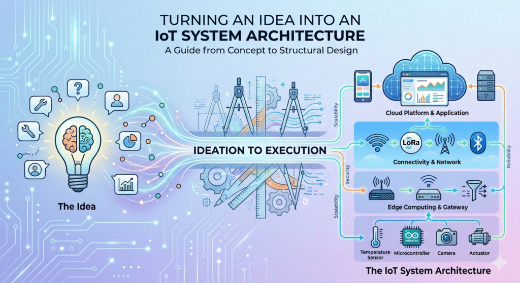 Gemini said
An infographic illustrating the transformation of an idea into a functional IoT system architecture. A glowing brain-infused lightbulb, surrounded by thought bubbles, launches colorful beams labeled "Ideation to Execution" through abstract engineering tools and gears, culminating in a detailed, four-layer IoT architecture diagram that includes components like devices, edge computing, connectivity, and cloud services, with arrows indicating the data flow and labeled columns highlighting key characteristics such as scalability, security, and reliability.
