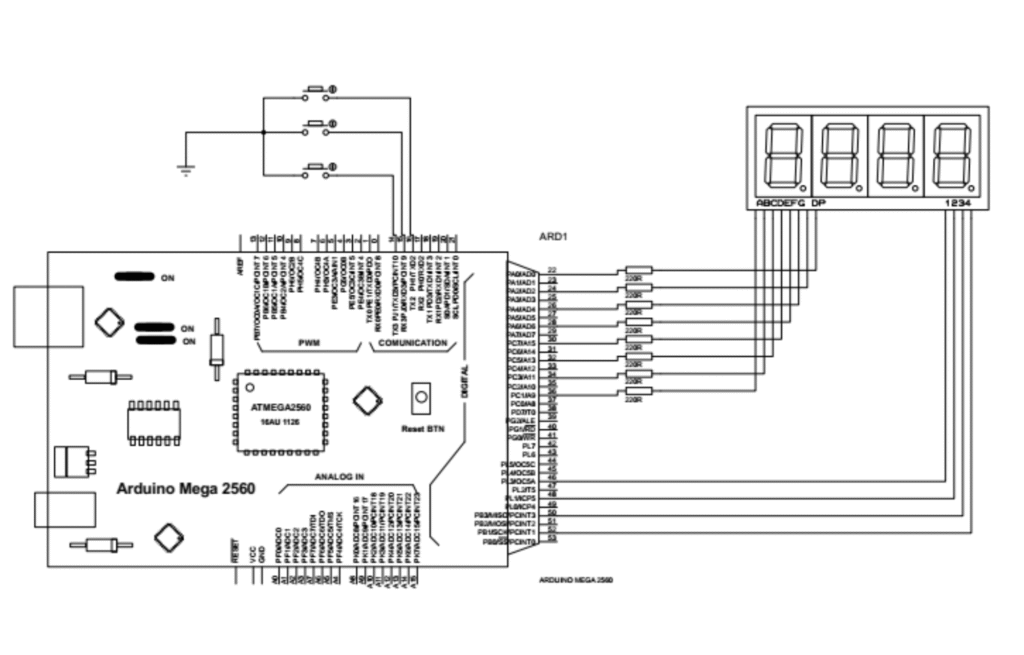 Circuit diagram of 4 digit digital counter using arduino mega 2560
