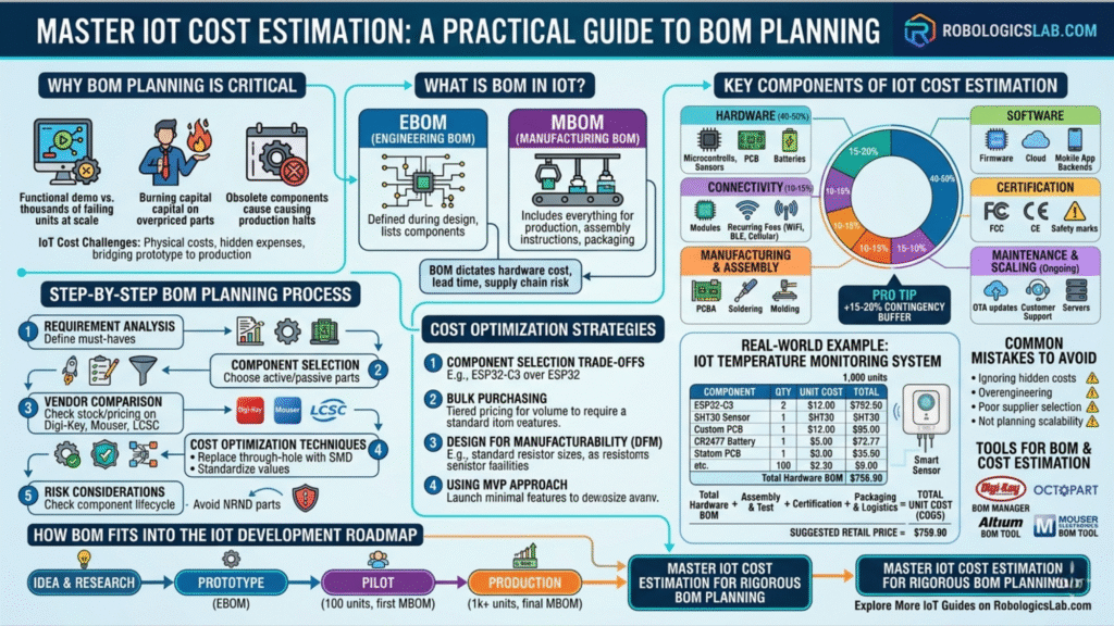 An information-rich 16:9 infographic titled "Master IoT Cost Estimation: A Practical Guide to BOM Planning" by RobologicsLab.com.
The infographic is organized into several clear sections:
Why BOM Planning is Critical: Icons illustrating the shift from functional demos to scaling, emphasizing the prevention of capital loss and production halts.
What is BOM in IoT?: Definitions of Engineering BOM (EBOM) and Manufacturing BOM (MBOM).
Key Components of IoT Cost Estimation: A donut chart showing the hardware budget (40-50%), software (15-20%), connectivity (10-15%), and other costs like certification and maintenance.
Step-by-Step BOM Planning Process: A 5-step flow covering Requirement Analysis, Component Selection, Vendor Comparison (Digi-Key, Mouser, LCSC), Cost Optimization, and Risk Considerations.
Real-World Example: A detailed table estimating costs for an IoT Temperature Monitoring System, showing components like the ESP32-C3 and SHT30 sensor, leading to a calculated unit cost (COGS).
IoT Development Roadmap: A horizontal timeline showing the evolution of the BOM from the Idea phase through Prototype, Pilot, and full Production.
Tools & Strategies: Logos for industry tools like Altium, Octopart, and Digi-Key, alongside a list of common mistakes to avoid.
The design uses a clean, professional aesthetic with a blue, teal, and grey color palette, utilizing technical icons and structured data tables to simplify complex hardware engineering concepts.