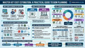 An information-rich 16:9 infographic titled "Master IoT Cost Estimation: A Practical Guide to BOM Planning" by RobologicsLab.com. The infographic is organized into several clear sections: Why BOM Planning is Critical: Icons illustrating the shift from functional demos to scaling, emphasizing the prevention of capital loss and production halts. What is BOM in IoT?: Definitions of Engineering BOM (EBOM) and Manufacturing BOM (MBOM). Key Components of IoT Cost Estimation: A donut chart showing the hardware budget (40-50%), software (15-20%), connectivity (10-15%), and other costs like certification and maintenance. Step-by-Step BOM Planning Process: A 5-step flow covering Requirement Analysis, Component Selection, Vendor Comparison (Digi-Key, Mouser, LCSC), Cost Optimization, and Risk Considerations. Real-World Example: A detailed table estimating costs for an IoT Temperature Monitoring System, showing components like the ESP32-C3 and SHT30 sensor, leading to a calculated unit cost (COGS). IoT Development Roadmap: A horizontal timeline showing the evolution of the BOM from the Idea phase through Prototype, Pilot, and full Production. Tools & Strategies: Logos for industry tools like Altium, Octopart, and Digi-Key, alongside a list of common mistakes to avoid. The design uses a clean, professional aesthetic with a blue, teal, and grey color palette, utilizing technical icons and structured data tables to simplify complex hardware engineering concepts.